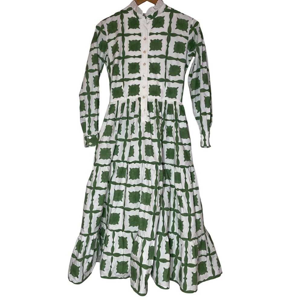 Daydress Block Print Green White Midi Dress Prairie Tiered Cottagecore Boho XS